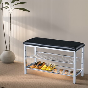 Metal Shoe Bench with Black Faux Leather Seat, Silver T2574P172739