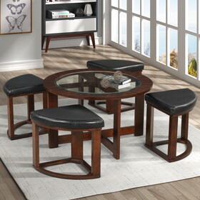 Solid Wood Glass Top Coffee Table w/ Stools T2574P180514