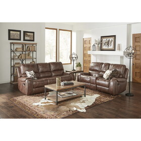 Achern Brown Leather-Air Nailhead Manual Reclining Sofa and Loveseat with Storage Console and USB Port T2574P198807
