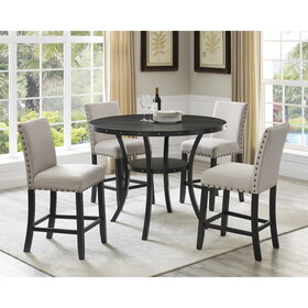Biony Espresso Wood Counter Height Dining Set with Tan Fabric Nailhead Stools