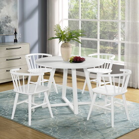 Edo White Wood 5-Piece Dining Set, Trestle Dining Table with 4 Windsor Chairs T2574S00058