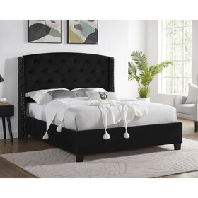 Summit Wingback Tufted Upholstered Bed with Nailhead, Black T2574S00165