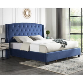 Summit Fabric Button Tufted Wingback Upholstered Bed with Nail Head Trim, Blue T2574S00172