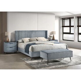 Mavela Wide Wale Corduroy Upholstery Panel King Bed with 2 Nightstands and Bench, Blue T2574S00210