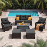 6 pcs Outdoor Sectional Sofa with Reclining Backrest, Ottomans, Black Cushions T2586S00013