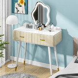 Vanity Desk with Mirror and Lights, Velvet Makeup Vanity with 2 Drawers, Pre-Assembled Dressing Table Body & 3 Lighting Colors Touch Dimming Mirror, Dresser Vanity Set for Bedroom (White)