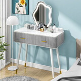 Vanity Desk with Mirror and Lights, Velvet Makeup Vanity with 2 Drawers, Pre-Assembled Dressing Table Body & 3 Lighting Colors Touch Dimming Mirror, Dresser Vanity Set for Bedroom (Gray)