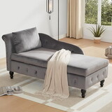 Chaise Lounge Indoor with Storage, Modern Nailhead-Trimmed Tufted Lounge Chair, Upholstered Chaise Lounges Couch with Pillow for Living Room, Bedroom, Office, Dark Grey, Left Armrest T2694P188113
