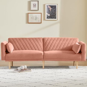 78" Velvet Futon Sofa Bed, Convertible Sleeper Couch Bed with Adjustable Armrests and Backrest, Loveseat Sleeper Bed with 2 Pillows, Modern Futon Couch for Living Room, Pink P-T2694S00015