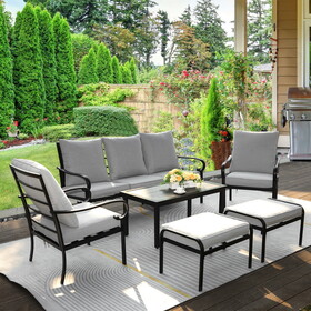 Patio Conversation 6 Pieces Sofa Set, Outdoor 3-Seater Couch with Coffee Table, Patio Chairs with Ottomans, Metal Furniture for Porch Balcony Backyard T2872S00002