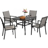 5pcs Outdoor Dining Set, Square Metal Dining Table and 4 Textilene Dining Chairs, with 2.25