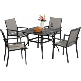 5pcs Outdoor Dining Set, Square Metal Dining Table and 4 Textilene Dining Chairs, with 2.25" Umbrella Hole T2872S00004