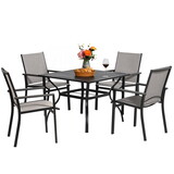 5pcs Outdoor Dining Set, Square Metal Dining Table and 4 Textilene Dining Chairs, with 1.57