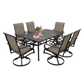 7 Piece Patio Dining Set with 6 Patio Swivel Chairs and 63 inch Rectangle Dining Table with 1.57" Umbrella Hole for Backyard Garden Bistro T2872S00009