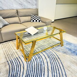 Golden Stainless Steel Double-Layer Clear Tempered Glass Coffee Table for Bed Room, Living Room T2949S00001