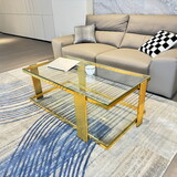 Golden Stainless Steel Double-Layer Clear Tempered Glass Coffee Table for Bed Room, Living Room T2949S00009