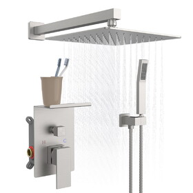 Rainfall Shower System with Storage Rack 10 inch Shower Faucet Set Brushed Nickel with High Pressure with Square Shower Head Luxury Shower Set Wall Mount T3177P269147