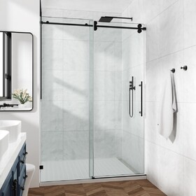 48*76"Fixed & Sliding Shower Door, Round Tube Hardware, Round Tube Hardware, Clear Glass Shower Door, 3/8" (10mm) SGCC Tempered Glass, Stainless Steel
