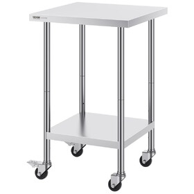 VEVOR Stainless Steel Work Table 24 x 24 x 38 inch, with 4 Wheels, 3 Adjustable Height Levels, Heavy Duty Food Prep Worktable for Commercial Kitchen Restaurant, Silver T3342P298264