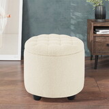 Modern Button Tufted Accent Storage Ottoman, Small Upholstered Circle Pouf Footstool with Removable Lid Storage Ottoman for Bedroom, Living Room or Vanity,Sherpa,White