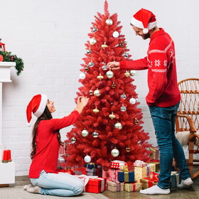 5FT Red Christmas Tree - Pure Red PVC Tree with 624 Tips, Hinged Branches for Easy Setup, Stable Metal Stand, Bold Holiday Decoration T3637P339805
