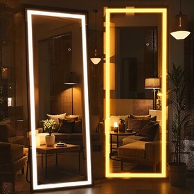 67x20 inch Full Length Mirror with Lights, Full Body Dressing Standing, Hanging Mounted Mirror for Living Room Bedroom Cloakroom, Square Black