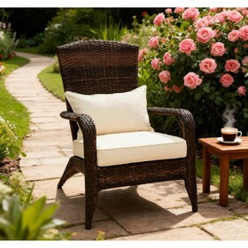 Patio Chair with Rattan Wicker, Soft Cushions, Tall Curved Backrest T3971P417319