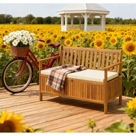 Wood Patio Bench,Outdoor Bench with Storage Compartment,Garden Bench with Cushion T3971P418023