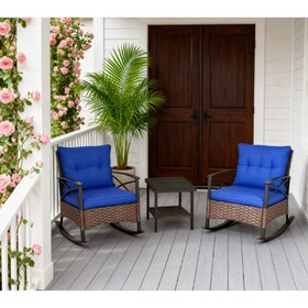 Patio Rocking Chair Set with Cushioned Porch Rockers and 2 Tier Coffee Table for Garden, Porch, Backyard