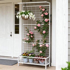 White Plant Holder,Metal Tall Plant Stand with Trellis and Hanging Bar,for Indoor Outdoor Use