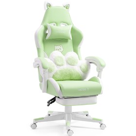 Cute Cat Gaming Chair with Paw Lumbar Cushion, PC Video Gamer Chair for Girl Teen Woman (Green) T5177P412548