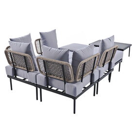 TREXM 8-Piece Patio Sectional Sofa Set with Tempered Glass Coffee Table and Wooden Coffee Table for Outdoor Oasis, Garden, Patio and Poolside (Light Grey Cushion + Black Steel) TM000003AAA