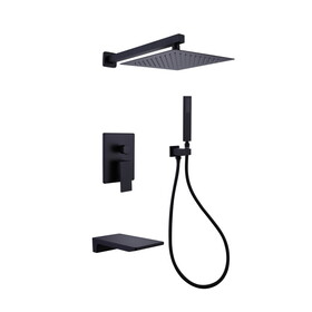 Trustmade Wall Mounted Square Rainfall Pressure Balanced Complteted Shower System with Rough-in Valve, 3 Function, 10 inches Matte Black - 3W02 TMSF10LYJ-3W02MB