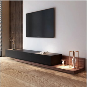 Black Wood TV Stand, Retractable Media Console for up to 85 inch TV, 3 Drawers, Walnut, Soild Wood, Full-Assemble, 78"-140"