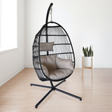 Hanging Egg Chair with Stand Outdoor Patio Swing Egg Chair Indoor Folding Egg Chair, Waterproof Cushion, Folding Rope Back, Heavy Duty C-Stand, 330LBS Capacity USPG-HC001-BCGY
