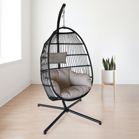 Hanging Egg Chair with Stand Outdoor Patio Swing Egg Chair Indoor Folding Egg Chair, Waterproof Cushion, Folding Rope Back, Heavy Duty C-Stand, 330lbs Capacity USPG-HC001-BCGY