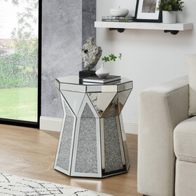 Drum style coffee table with mirror crystal inlay, polygonal silver decorative table, modern design luxury modern furniture, 20 inch (about 50 centimeters) low coffee table, suitable for living room