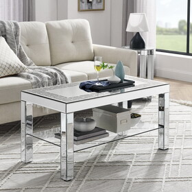 W 40"x D 20" x H 20"Curved border carved mirror coffee table: Silver mirror glass tabletop with sparkling diamond edge frame and crystal mirror legs, small coffee table W1005P190425