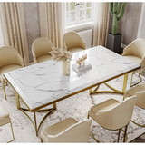 Bura Marble Dining Table with Rectangular Tabletop Gold Stainless Legs, for Kitchen and Dining Room