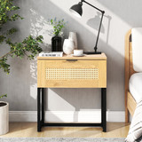 Nightstand Side Table, End Table, Sofa Side Table, with Wicker Rattan, Wood Color MDF and Black Steel Frame W104036798