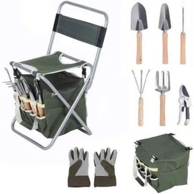 9 PCS Garden Tools Set Ergonomic Wooden Handle Sturdy Stool with Detachable Tool Kit Perfect for Different Kinds of Gardening W104147773