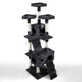Multi-Level Cat Tree Tower House with Play Tunnel and Dangling Interactive Toy, Grey with Paw Print W104160769