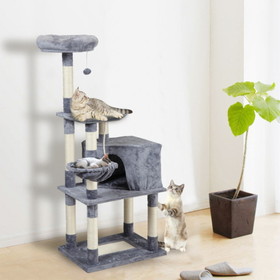 Multi-Level Cat Condo with Pentagonal Cat Litter for Kittens Tall Cat Climbing Stand with Plush Toys - Light Gray W104160771