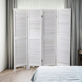 Sycamore wood 4 Panel Screen Folding Louvered Room Divider - Old white W104169015