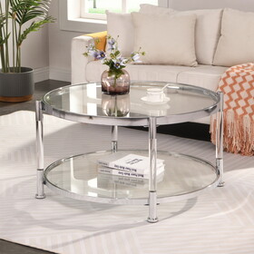 W82153572 Contemporary Acrylic Coffee Table, 32.3" Round Tempered Glass Coffee Table, Chrome/Silver Coffee Table for Living Room W107184326