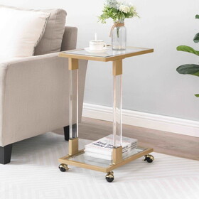 W82153574 Golden Side Table, Acrylic Sofa Table, Glass Top C Shape Square Table with Metal Base for Living Room, Bedroom, Balcony Home and Office W107194392