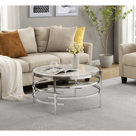 32.48" Chrome Round Coffee Table with Sintered Stone Top&Sturdy Metal Frame, Modern Coffee Table for Living Room, Silver W1071P144337