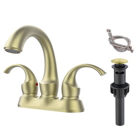 Bathroom Faucet 2-Handle Brushed Gold with Aerator, Swan Style 4-inch Centerset Vanity Sink with Pop-Up Drain and Supply Hoses, FR4075-BG W1083109168