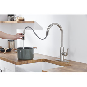 Kitchen Sink Faucet with Pull Out Sprayer Brushed Nickle,Stainless Steel High Arc Kitchen Sink Faucet, 3 Way Setting Single Handle Kitchen Faucets with Deck Plate W108347967
