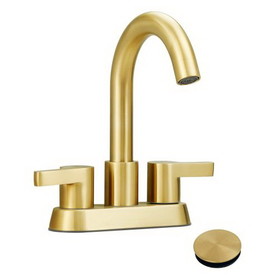 Brushed Gold Bathroom Faucet 4 inch Centerset Bathroom Faucet, Gold Bathroom Vanity Lavatory Faucets for Sink 3 Hole 2 Handle, Swivel Spout with Brass Drain assembly